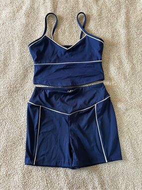 Navy Piped Two-Piece Active Top and Shorts